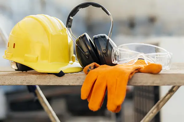 Front view protective glasses with hard hat and headphones
